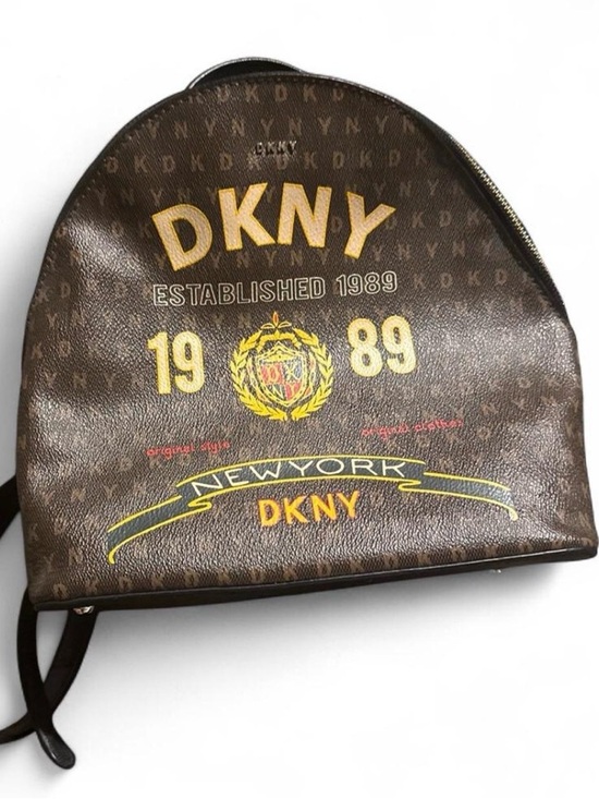 Dkny Handbags - DKNY Brown Backpack with Yellow Logo Accents